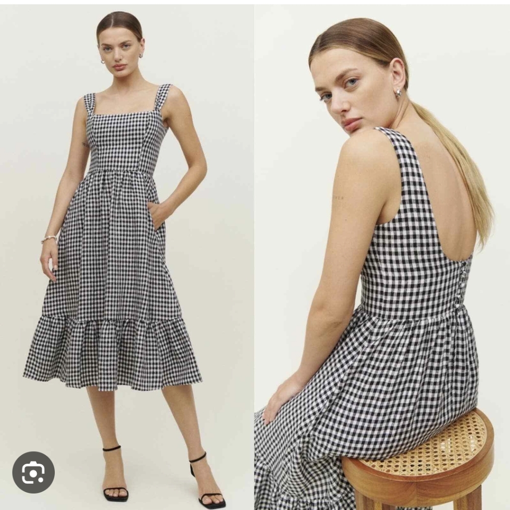 Reformation Linen Bucatini Dress in Black and White Gingham Print